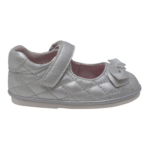 Angel Baby Girls Silver Quilted Strap Bow Mary Jane Shoes 1-3 Baby - SophiasStyle.com